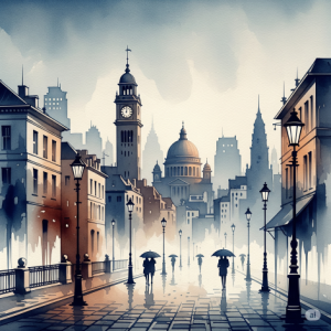 A watercolour rendition of a cityscape wallpaper mural with a soft, faded effect.