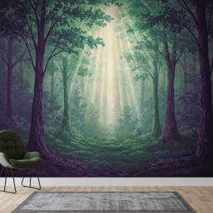 Abstract Forest with Light Rays piercing through, creating depth and drama, Wallpaper Mural