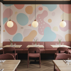 Abstract playful shapes wallpaper mural in a restaurant can inject personality and a sense of fun.
