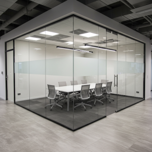 Acoustic glass conference room partition wall.