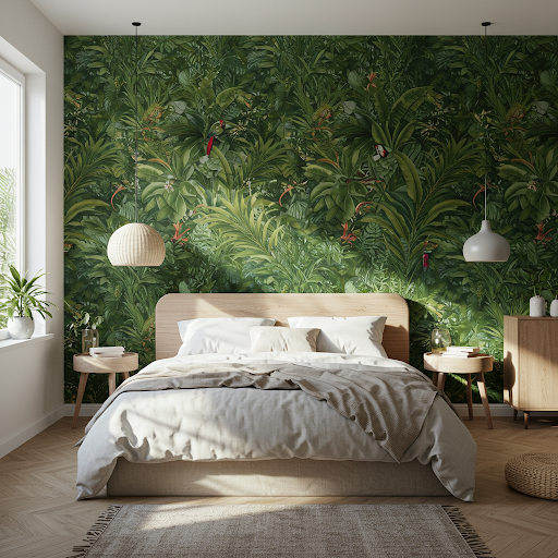 Bedroom jungle wallpaper printed in Nairobi, by Wallpaper Kenya.