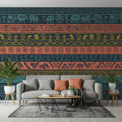Bespoke African ethnic motifs wallpaper mural. Bespoke African Print Wallpaper. Ethnic motifs wallpaper mural.