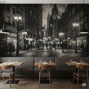 Black and white cityscape mural.