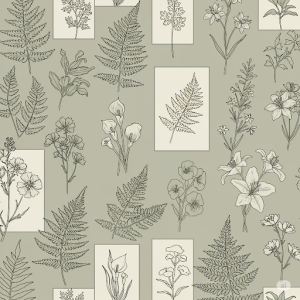 Botanical Line Art Gallery Wall Mural: A collection of delicate, minimalist line drawings of various leaves, stems, and flowers arranged in a visually pleasing gallery wall style across the wall. 
