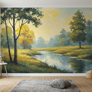 Capturing the feeling and atmosphere of a natural scene through loose brushstrokes and a focus on light and colour, nature mural art.