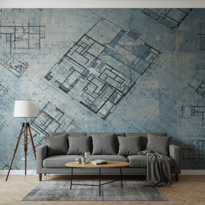 Custom-made Wallpaper Mural that looks like a detailed architectural blueprint, with fine lines and technical drawings that subtly lift off the surface.