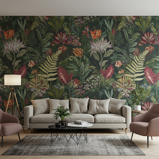 Custom-made botanical print wallpaper mural