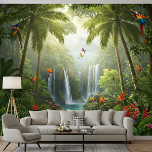 Custom-made tropical forest 3d wallpaper mural.