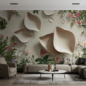 Custom mural incorporating 3D rendering of petals of flowers in a botanical scene seemingly extending towards you. 