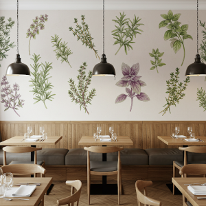 Delicate and artistic herbs illustration wallpaper can add a fresh, natural, and subtly thematic touch to a restaurant.