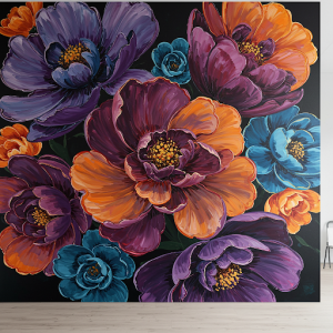 Detailed and oversized abstract flower mural painting.