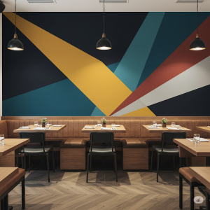 Geometric Abstraction Restaurant Wallpaper Mural. Clean lines, bold shapes, and interesting color blocking in geometric patterns.