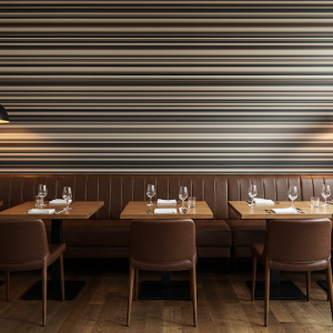 Horizontal stripes in a restaurant can visually widen a space, creating a more expansive feel. 