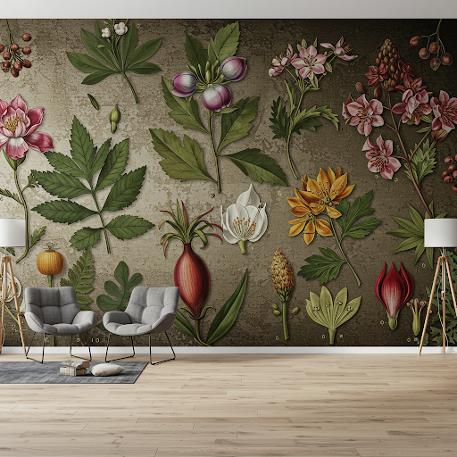 Intricate botanical illustrations, jungle print wallpaper mural. Intricate botanical illustrations, jungle print wallpaper mural.