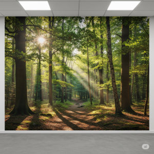 Lush Forest Corporate Office Wallpaper Mural: A floor-to-ceiling mural of a dense, sun-dappled forest promoting a sense of tranquillity and focus.