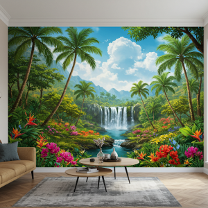 Lush Tropical Scene Nature Mural Art.