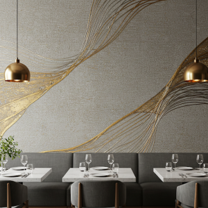 Metallic accents in restaurant wallpaper add a touch of glamour and sophistication.