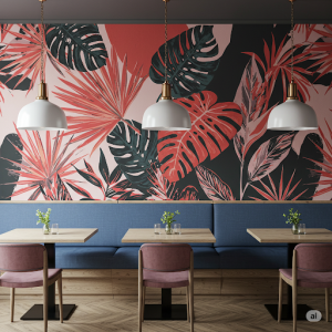 Modern Botanical Prints Restaurant Wallpaper Mural. Bold, stylized depictions of tropical foliage with a contemporary artistic approach.