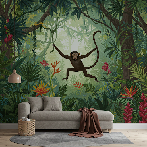 Monkey in the jungle wallpaper mural. Monkey jungle print wallpaper mural.