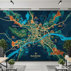 Nairobi City Map Corporate Office Wallpaper Mural. Sense of Place and Local Pride: The map symbolizes a deep connection to the local community. This is especially relevant for a company that serves local customers, has a long history in the city, and is headquartered there. It fosters a sense of local pride among employees and shows commitment to the city.