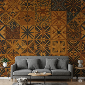 Native American Star Quilt-Inspired Geometrical Wallpaper Mural.