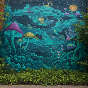 Outdoor Surrealist nature mural art 