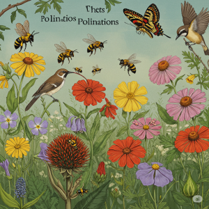 Pollination Process Classroom Mural. Detailed artwork showing bees, butterflies, and birds transferring pollen between flowers.