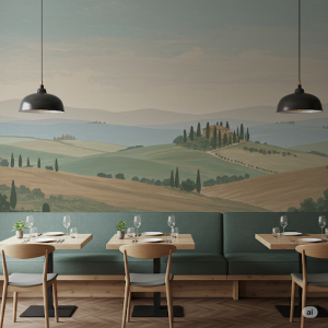 Scenic Landscapes (Subtle & Refined) restaurant wallpaper mural. Muted, painterly depictions of rolling Tuscan hills.