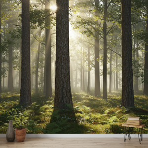 Serene Forest-scape, tranquil woods with towering trees, nature mural art.