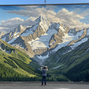 Snow-capped peaks, rugged textures, and expansive vistas. Mountain mural painting.