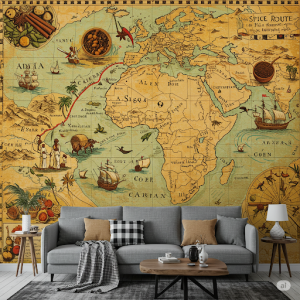 Spice Route Restaurant Wallpaper Mural. A map highlighting historical trade routes of spices from India to East Africa and the rest of the world.