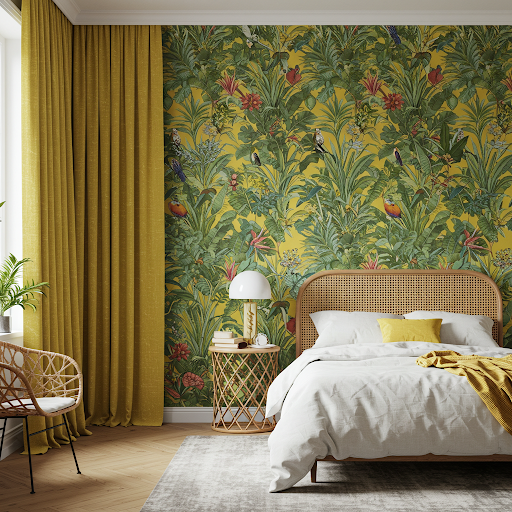 Tailor made-made sunshine yellow jungle print wallpaper to compliment the curtain fabric colors. Tailor made-made sunshine yellow jungle print wallpaper to compliment the curtain fabric colors.