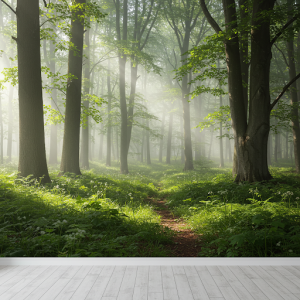 Tranquil woods with towering trees, dappled sunlight filtering through the canopy, wallpaper mural.