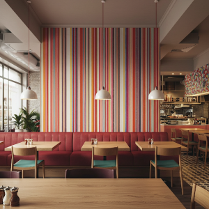 Vertical stripes wallpaper in a restaurant creates an illusion of higher ceilings, lending an airy and more spacious feel.