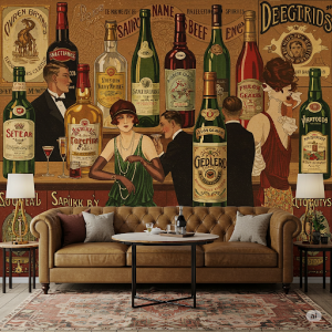 Vintage advertisement of wines and sprits wallpaper mural.