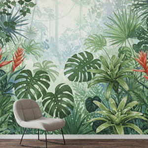 Watercolour artistic style lush tropical foliage mural