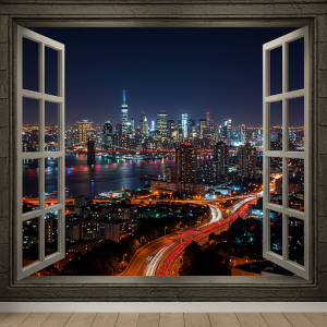 Window Overlooking a Cityscape 3D Wallpaper Mural