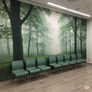 a hospital waiting room transformed by a calming forest scene wallpaper mural.