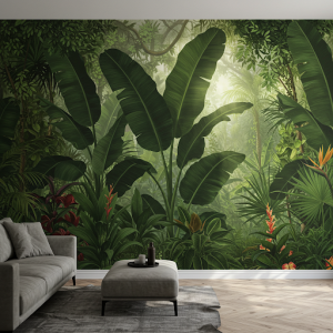 banana leaves, lush tropical scene, nature mural art.