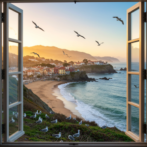Beach view from a window custom 3d wallpaper mural.