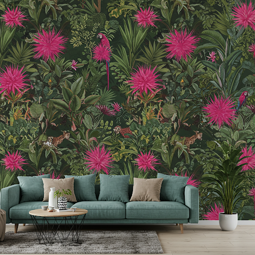 custom-made jungle print wallpaper mural in vibrant pops of fuchsia. custom-made jungle print wallpaper mural in vibrant pops of fuchsia.