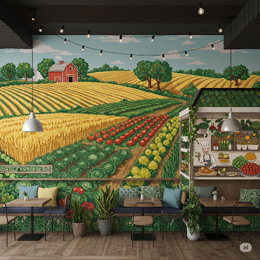 farm-to-table illustration of a restaurant wallpaper mural farm-to-table illustration mural