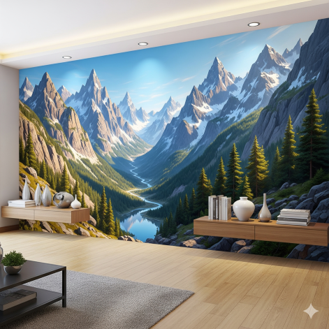 3D panoramic mural of majestic mountains, nature wall covering. 3D panoramic mural of majestic mountains, nature wall covering.