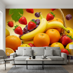 3D wallpaper mural depicting a vibrant array of plump, sun-ripened fruits.