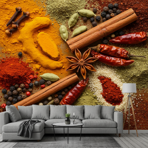 3D wallpaper mural showcasing an artistic arrangement of aromatic spices