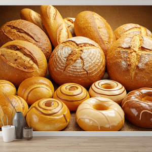 A bakery 3D wallpaper displaying an array of golden-brown loaves with crusty textures, alongside delicate, glossy pastries that appear almost edible.