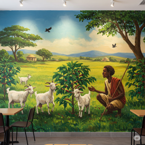 A cafe mural depicting the legendary discovery of coffee in Ethiopia.