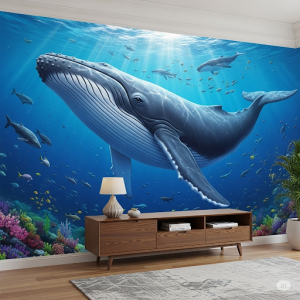 A colossal whale, swimming through deep blue waters, sea animal mural.