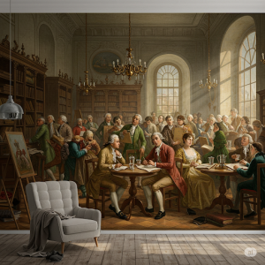 A depiction of a lively 18th or 19th-century European coffee house, filled with intellectuals, artists, and lively discussions.