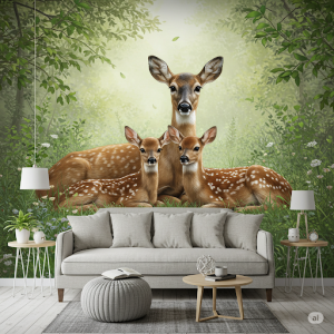 A family of deer nestled amongst soft foliage wallpaper mural.